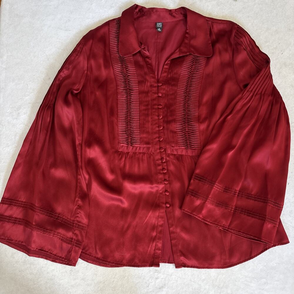 Saks fifth ave dark Red Silk Shirt Pintuck Flare Sleeve Sz 16 Quiet Luxury